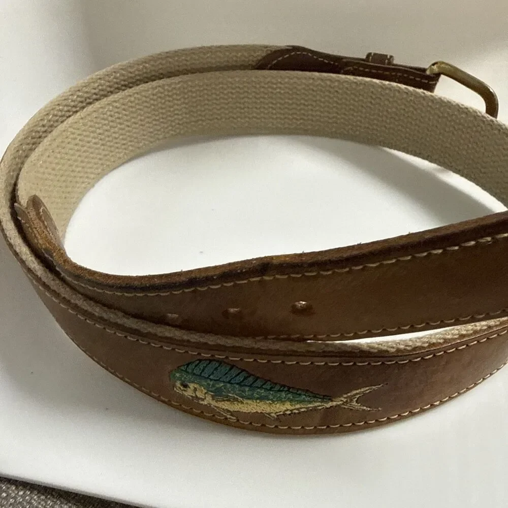 Men's Leather Man Ltd. Mahi Mahi Dolphin Belt Leather Canvas Brass Size 36